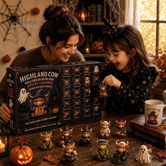Halloween-Schmuckset Schottische Hochlandkuh Adventskalender, 24-Tage Countdown-Box Geschenk mit 24 Stück Figuren, Gruselige Dekorationen für Kinder