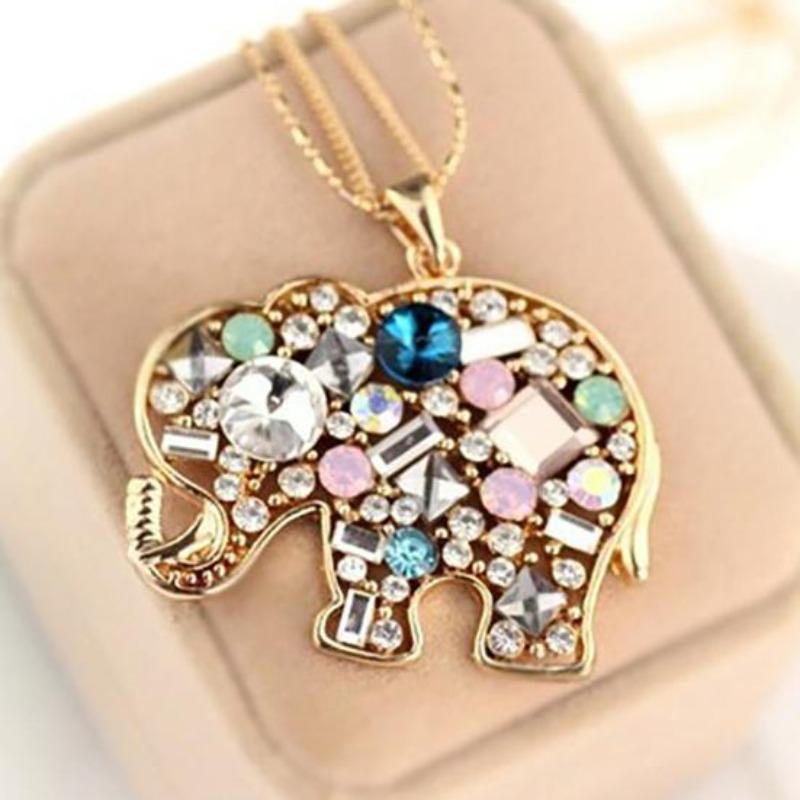 Multicolor Rhinestone Elephant Necklace Long Chain Party Jewelry Sweater Decor