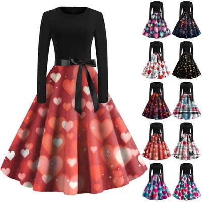 Women's Vintage Classic Dress Long Sleeve Valentine's Day Print Crew-neck Swing Dress