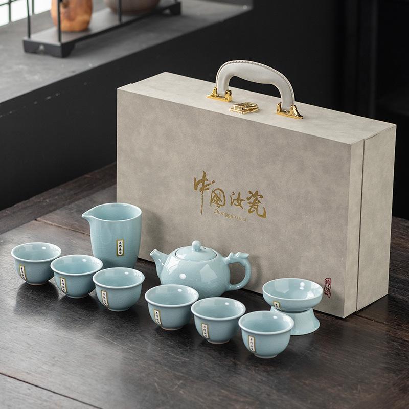 High-end 10-head Ru kiln Kung Fu tea set, a complete set of boutique ceramics, a full set of gifts, a gift box with high temperature resistance