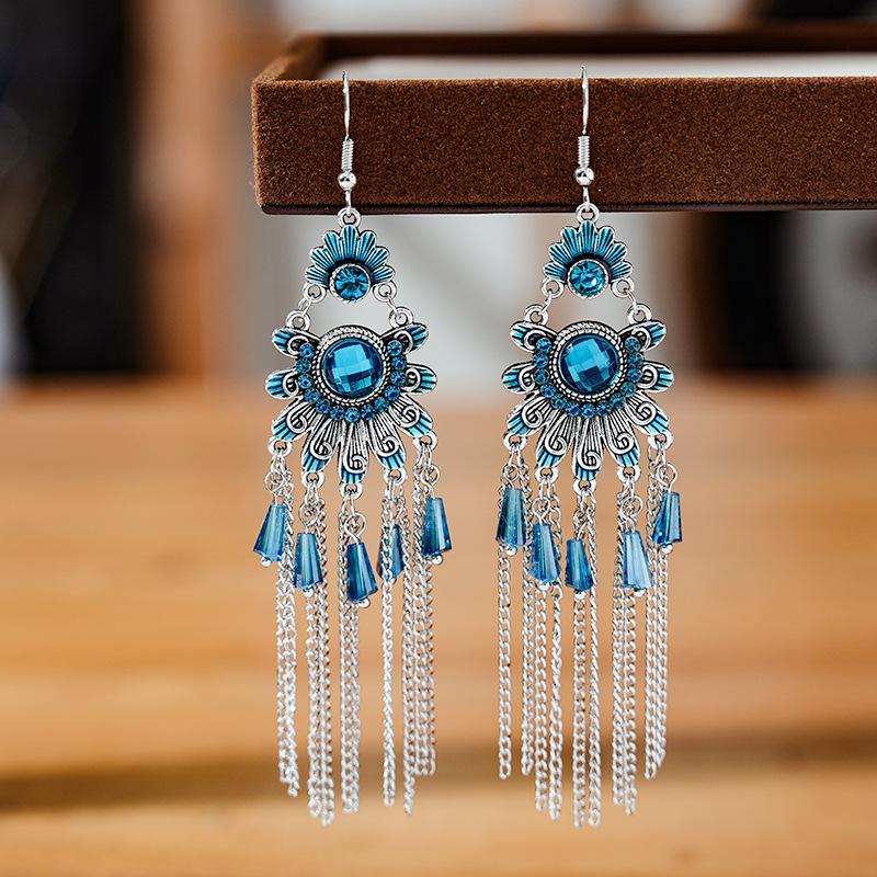 Vintage Ethnic Colorful Crystal Dangle Earrings for Women Classic Beach Chain Tassel Drop Earring Female Pendiente Bijoux