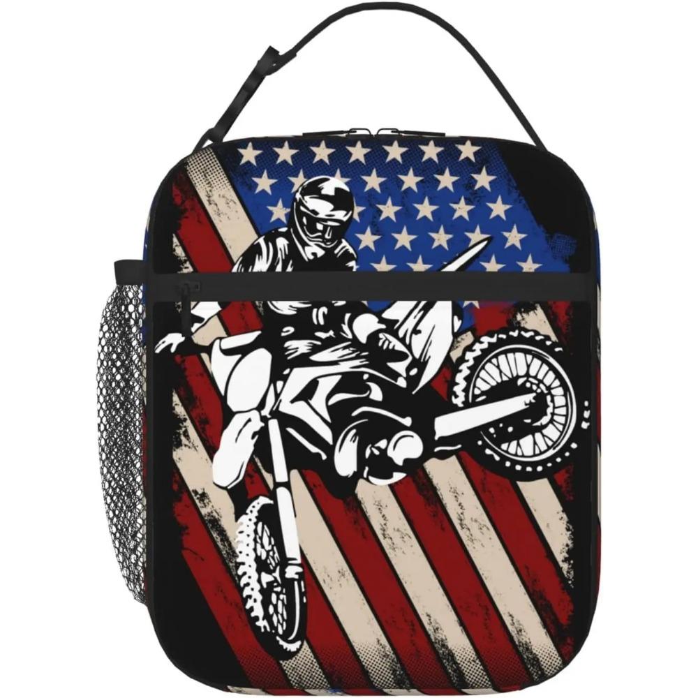 Motorcross American Flag Lunch Bag for Mens Womens Insulated Reusable Lunch Box with Adjustable Shoulder Strap