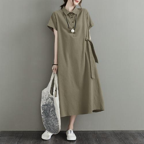 Summer Cross-border New Japanese Solid Color Cotton and Linen Lapel Short-sleeved Loose Dress Women's Medium and Long