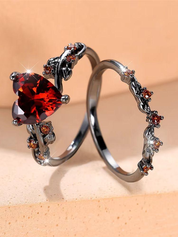 Crystal Female Red Zircon Love Heart Ring Set Fashion Vintage Black Gold Color Bridal Wedding Engagement Jewelry For Women
