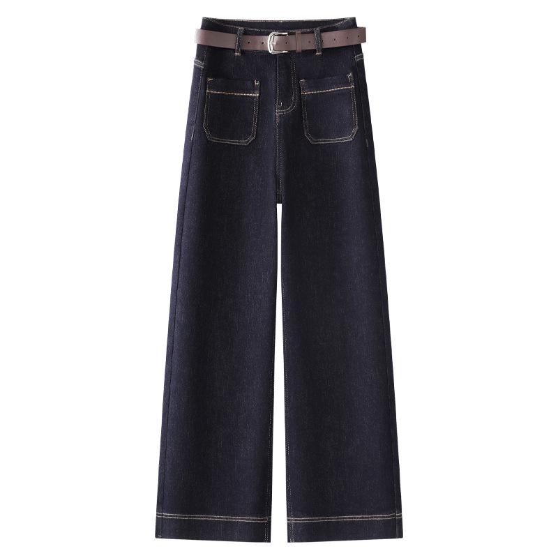 

2024 Новые женские темно-синие джинсы прямого кроя с высокой посадкой на флисовой подкладке L