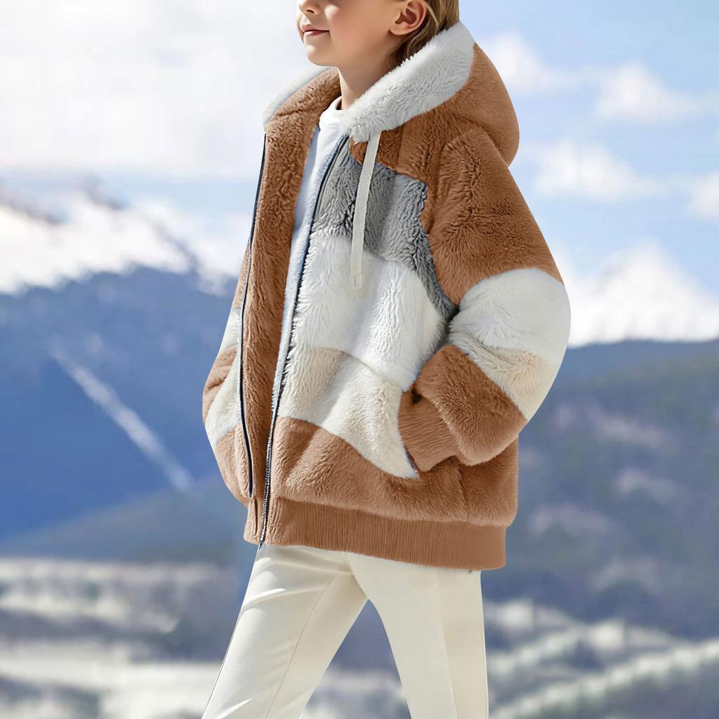 Mädchen Lässiges Fleecegefüttertes Verdicktes Oberteil Mittelgroß Kinder Kapuzen-Fleecegefütterte Farbblock-Jacke