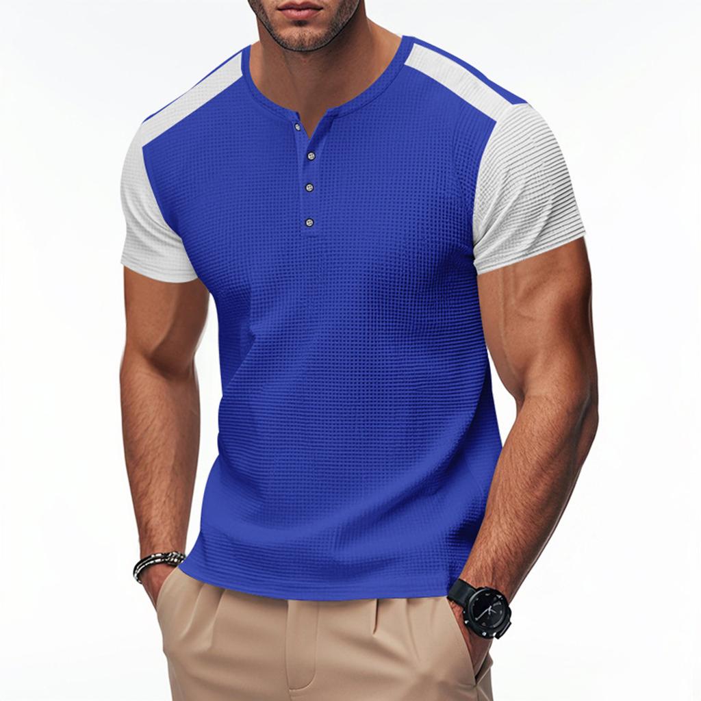 Men's Round Neck Single-Breasted Color-Blocked Casual Sports Short-Sleeve Top