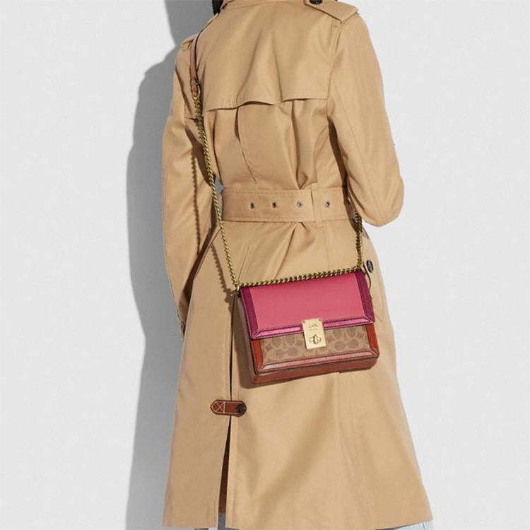 New COACH Hutton Canvas With Leather Small Square Bag Shoulder Bag, Crossbody Bag Trumpets Women's Pink Contrast Brown C2795-B4SMY