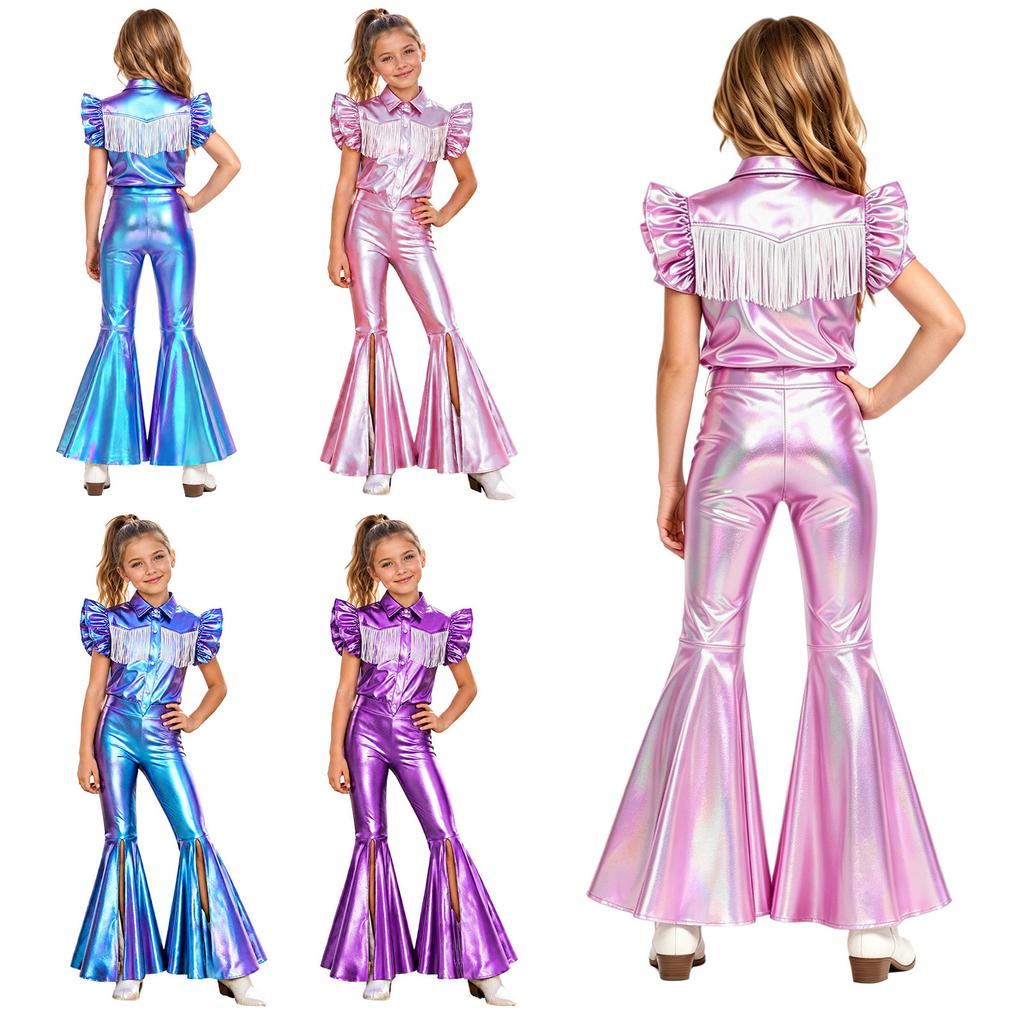 Kinder Mädchen Cowgirl Verkleidung Outfit Rüschenärmel Umlegekragen Quaste Metallisches Oberteil mit Schlitz Schlaghosen Metallische Hosen für Party