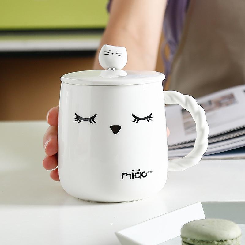 Keramický hrnek pro kočky s víčkem a lžičkou, vysoce hodnotný, na snídani, na pitnou vodu, černobílý hrnek