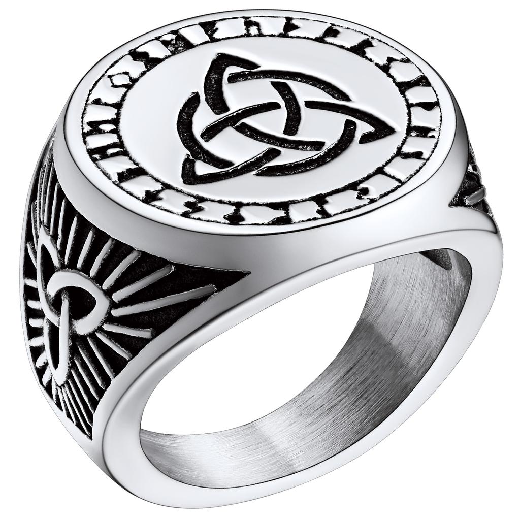 Big Signet Rings for Man Norse Viking Runes Valknut Wolf Head Triquetra Onyx Agate Size 7-14 Jewelry Gift for Him