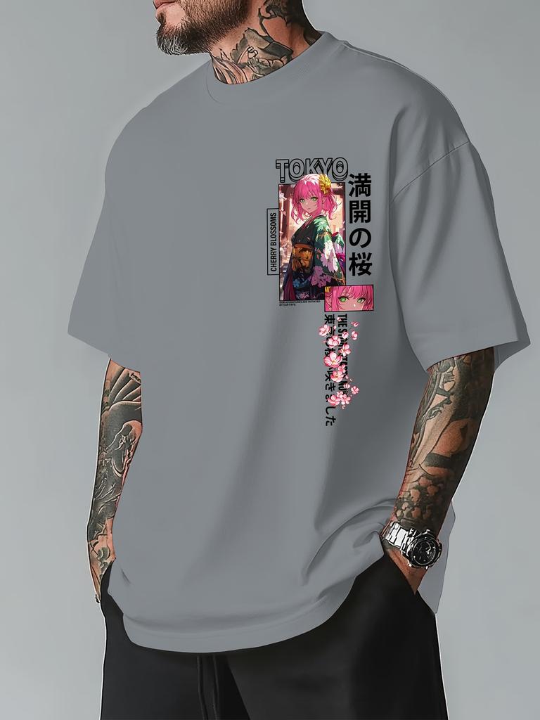 Unisex Summer Anime Print Crewneck Casual Shortsleeved Tshirt with Cherry Blossom Pattern Japanese Text Suitable for Daily Wear