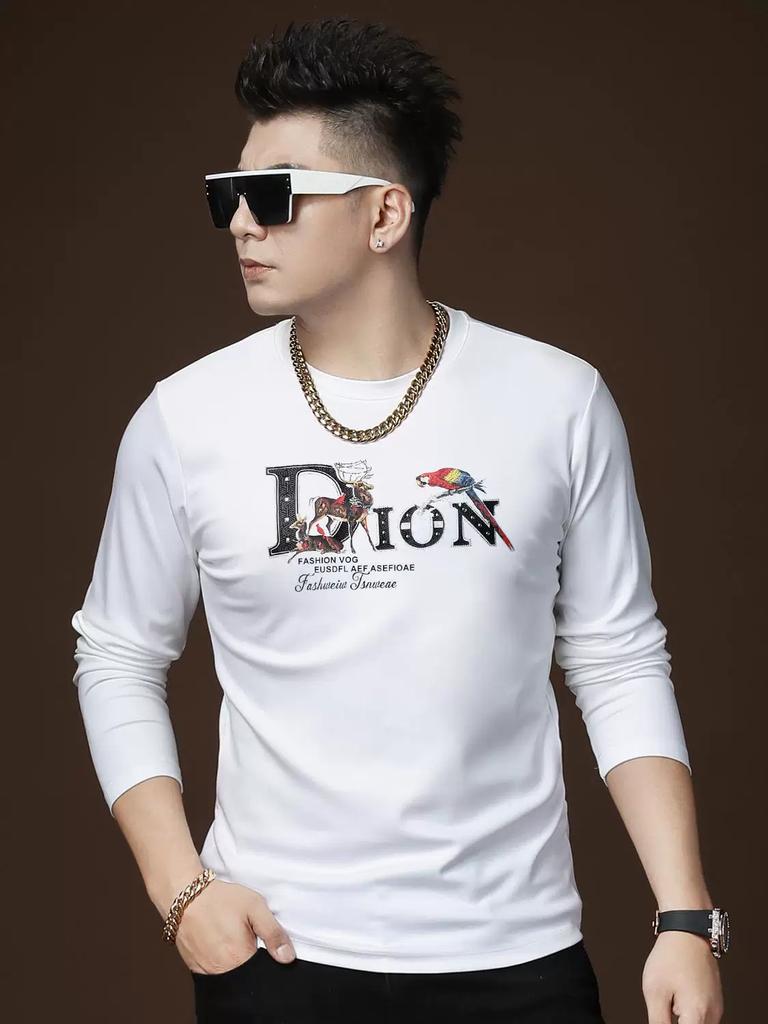 European High-End Long-Sleeved T-Shirt Men's Trendy Brand Printed 2025 Autumn and Winter New Round-Neck Base Shirt with Fleece Lining