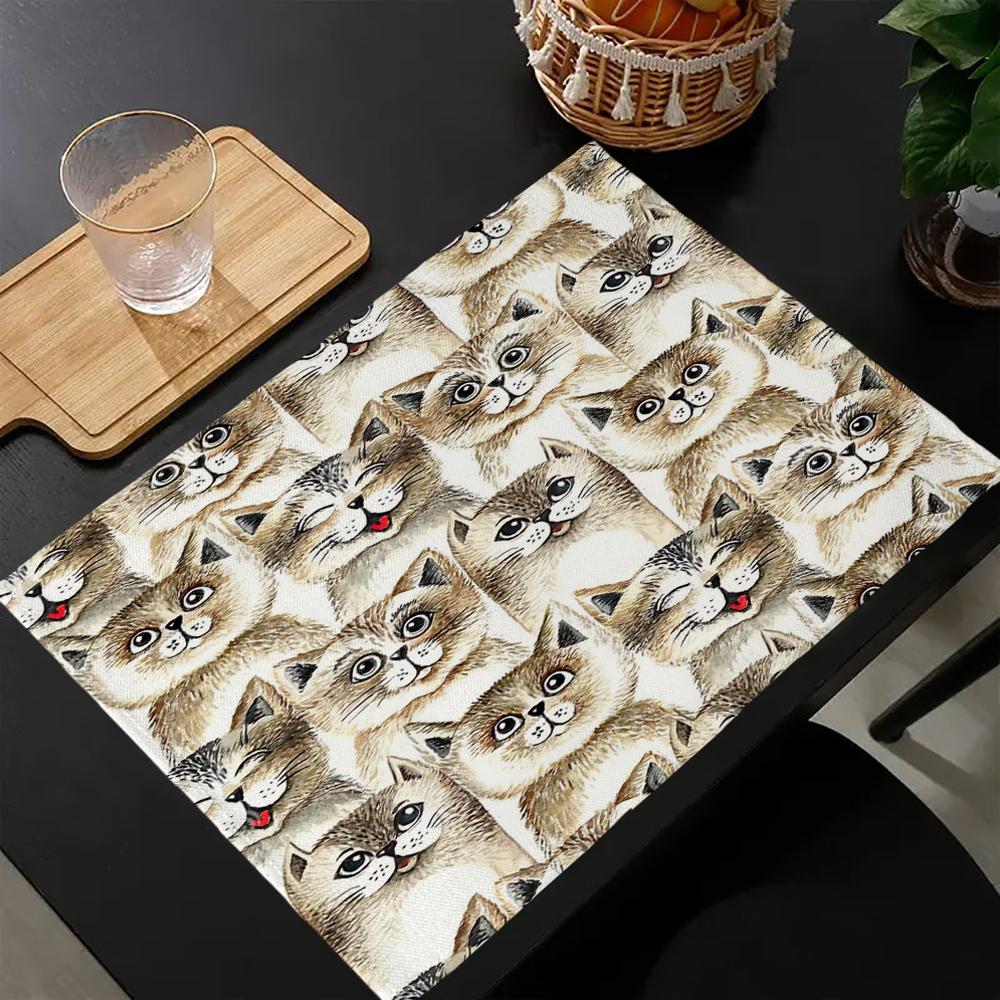Cute Animal Cat Print Linen Dining Table Mats Kitchen Placemat 30X40cm Coasters Pads Bowl Cup Mat