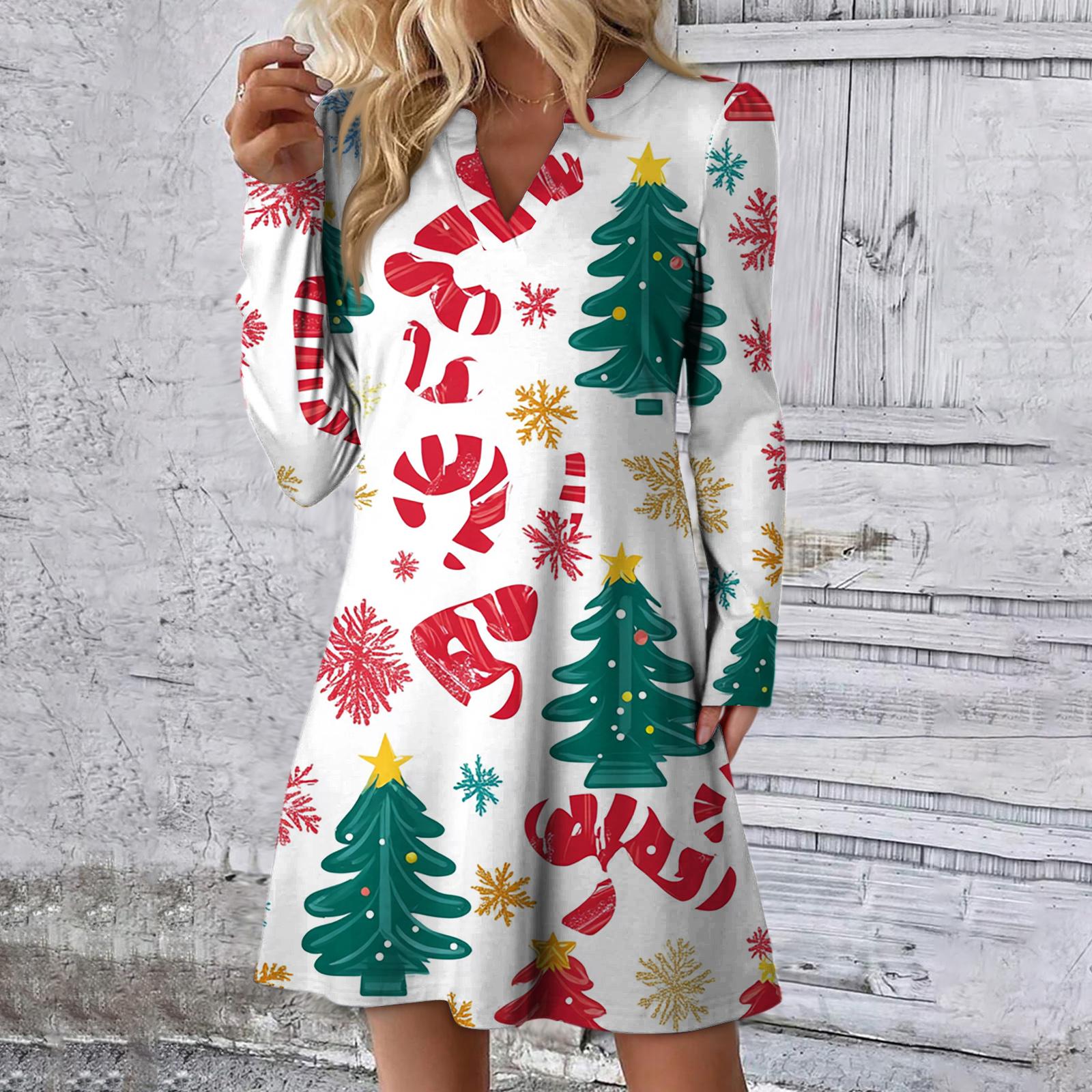 

Женское рождественское платье с принтом, свободное, с V-образным вырезом, повседневное платье с длинными рукавами L винный