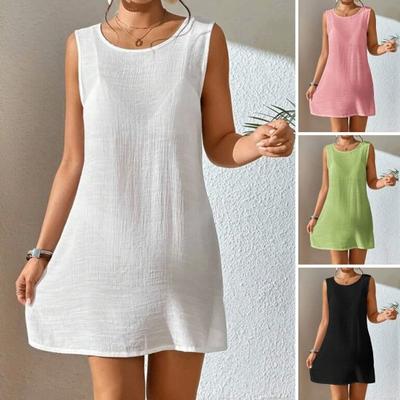 Women Beach Smock Backless Round Neck Sleeveless Solid Color Loose Sun Protection