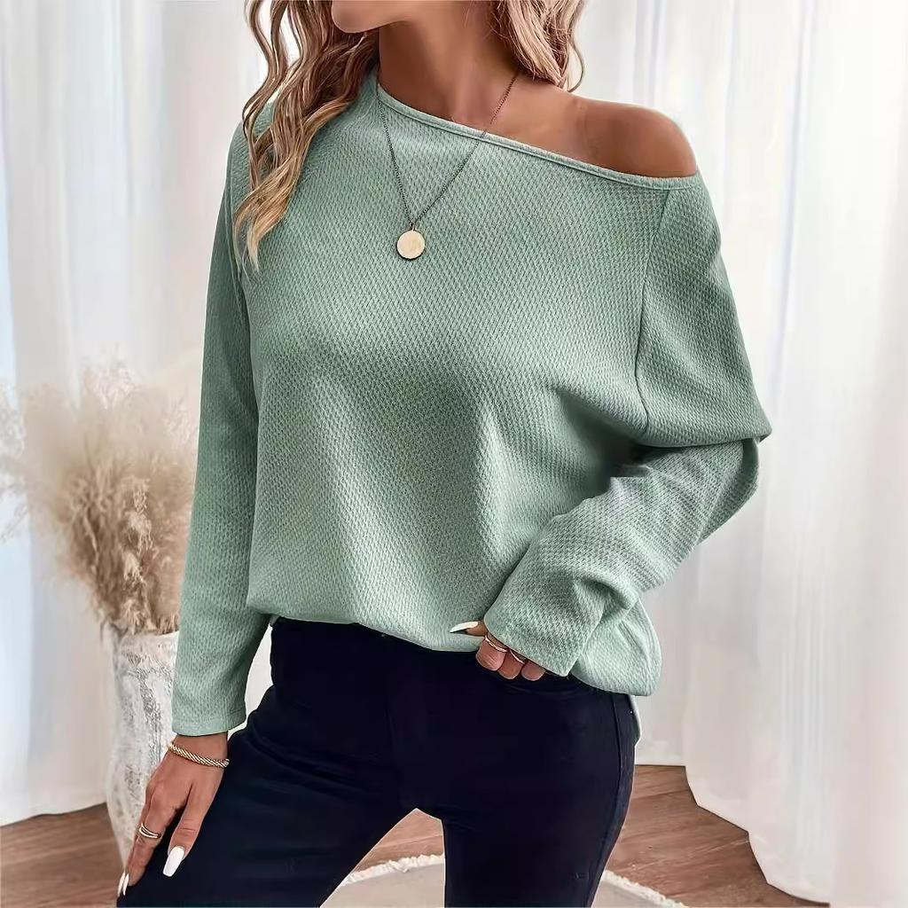 2025 Autumn Women Waffle Knit Off Shoulder Long Sleeve Top Casual Slant Neck Pullover Blouse
