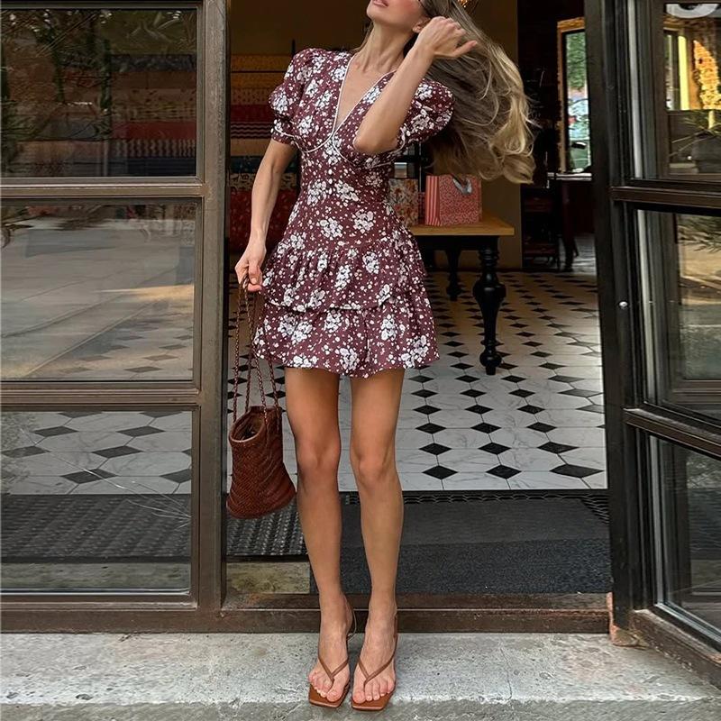 Elegantes A-Linien-Kleid mit Blumenprint Sommer 2026 Damen Hochtailliertes Kurzarm V-Ausschnitt Kleid Lässig Vielseitig Stilvolles Gewand