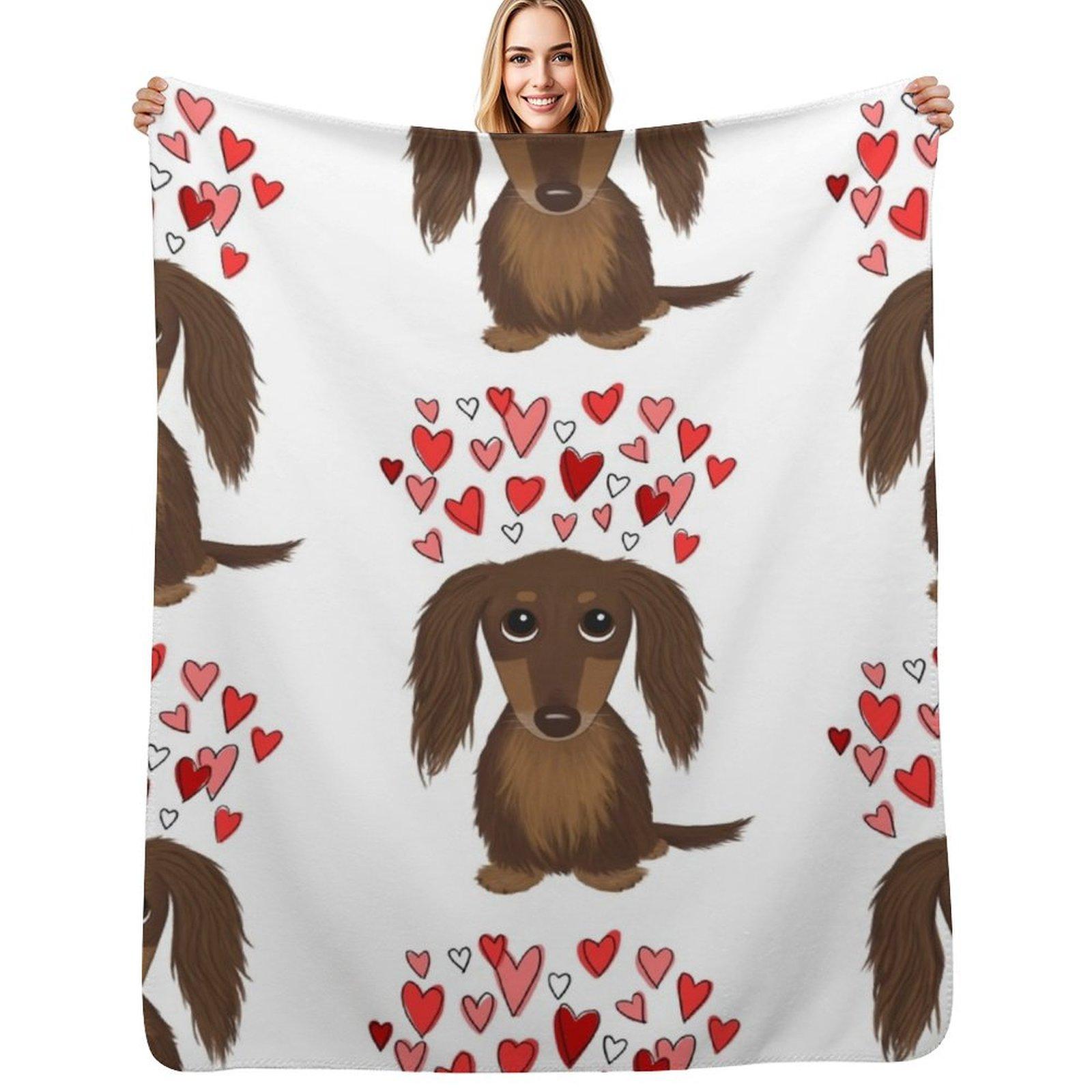 

Hearts Dog Longhaired Chocolate Dachshund Cartoon Dog with Valentine Hearts Throw Blanket Fathers day blanket gift 75x100cm