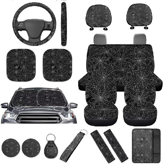 

16 шт. Чехлы на сиденья автомобиля с паутиной Полный комплект Черно-белый Автомобильный солнцезащитный козырек для лобового стекла Чехол на рулевое колесо автомобиля Подушка для подлокотника Защита подголовника Black White Spider Web
