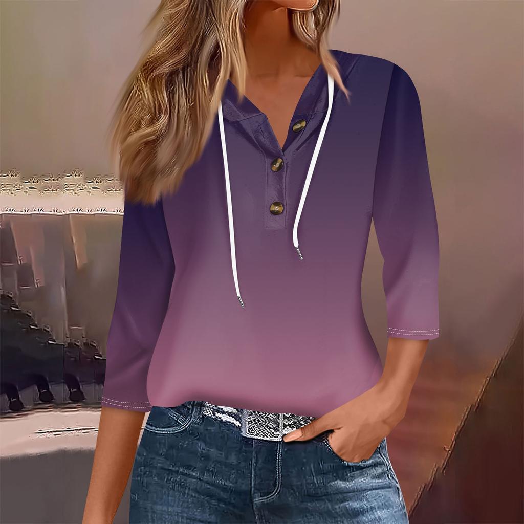 Women's Fashion Seven Split Sleeve Button Casual Hooded Printed T-Shirt Top