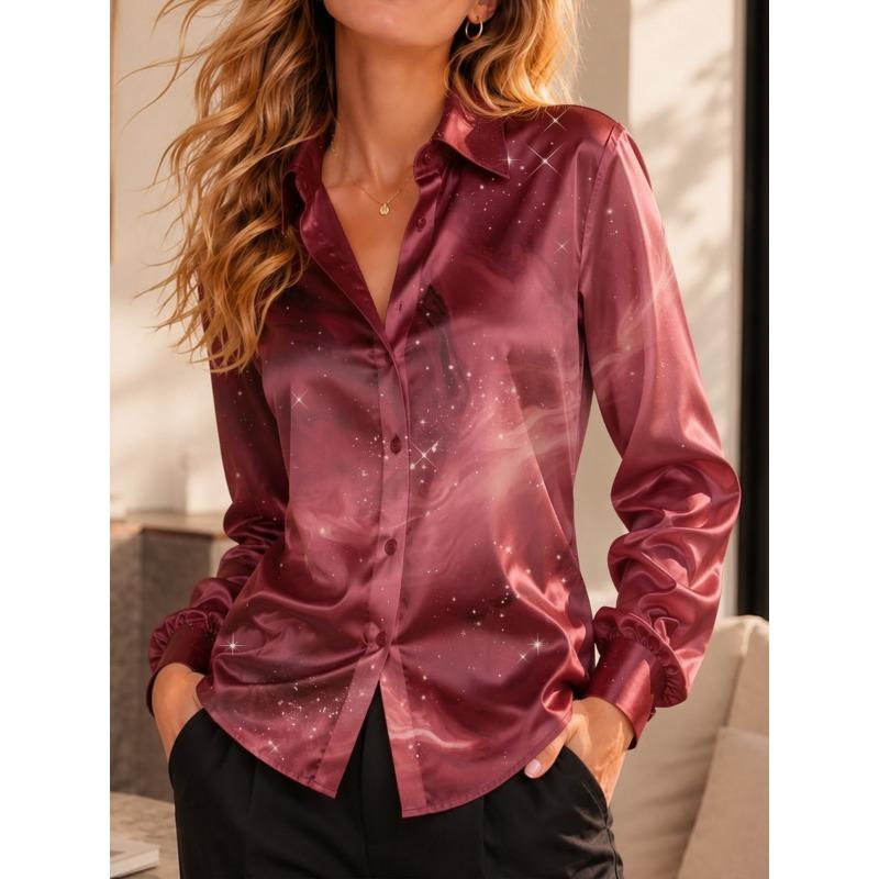 Damen Satin Floral Print Hemd Langarm Button-Down Bluse Elegantes Büro Dame Lässiges Lockeres Oberteil Frühling Herbst Modebekleidung