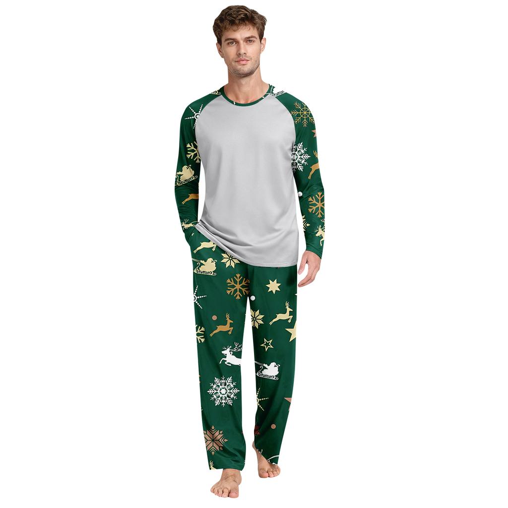 Men's Printed Round Neck Top Casual Comfortable Long-Sleeved Pants Pajama Set