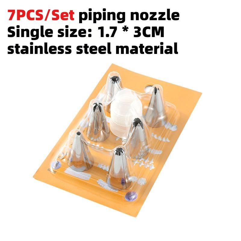 7Pcs-Set Baking Piping Spout Set Scraper Cake Cream Piping Bag Stainless Steel Piping Spout Home DIY Cake Dessert Decorating Tip 7pcs-set