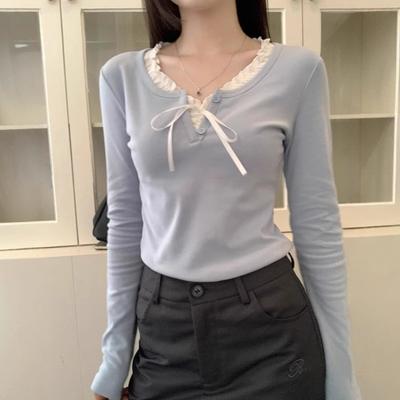 Printemps Automne Volants Lacé Patchwork T-shirt Femmes Décontracté Mode Pull T-shirt Manches Longues Haut à Fond