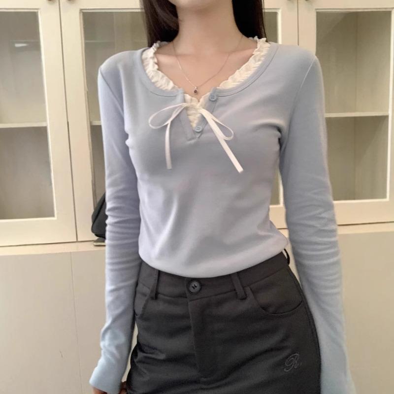 

Spring Autumn Ruffles Lace Up Patchwork T-shirt Women Casual Fashion Pullover Tee Long Sleeve Bottomed Top S синий