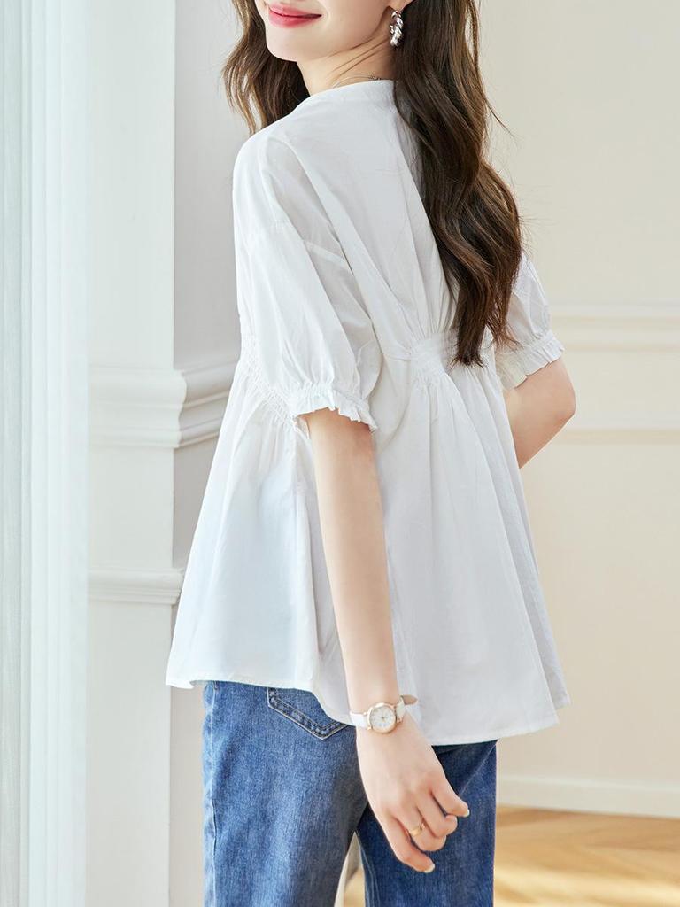 Asymmetrical Pleated Short-Sleeve Shirt - 2026 Summer Loose Round Neck Top