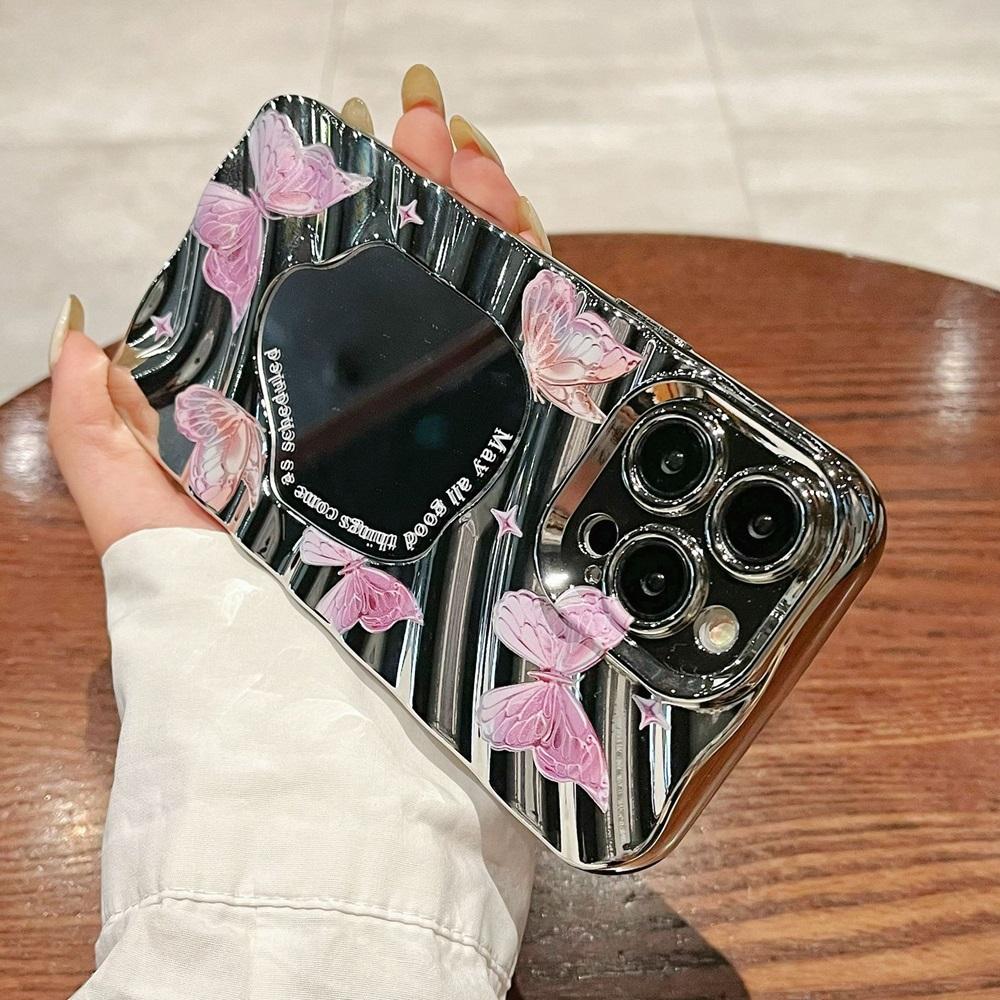 Cute Butterfly Makeup Mirror Wavy Phone Case For iPhone 16 15 14 13 12 11 Pro Max XS X XR 8 7 SE Plating Shockproof Bumper Cover