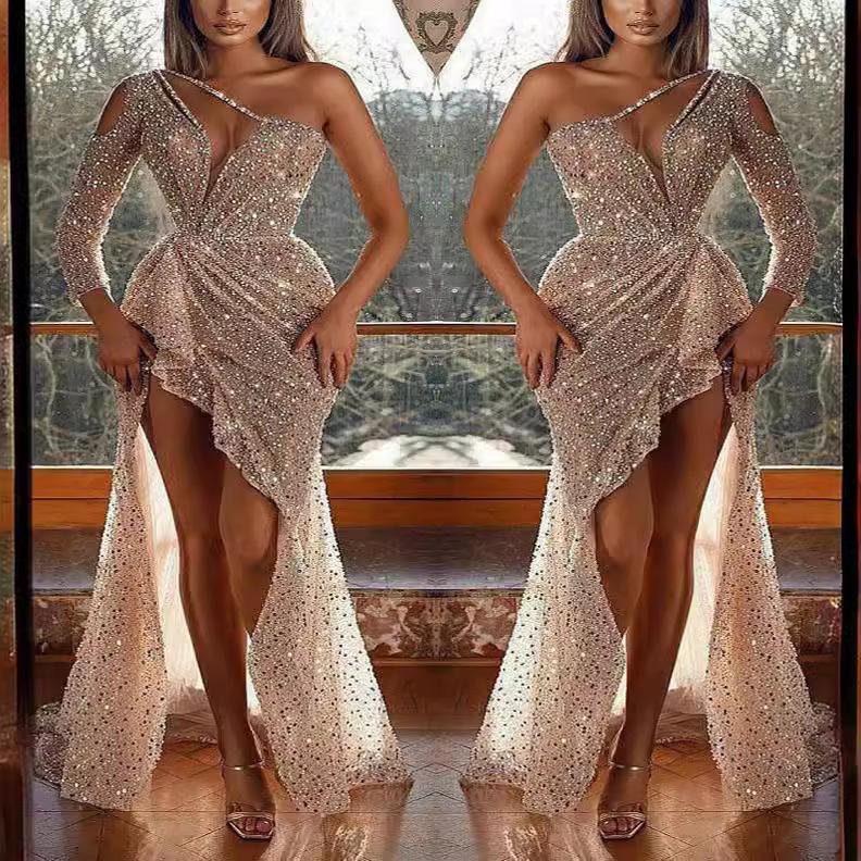 Abito da sera da donna di lusso con paillettes, maniche lunghe e spacco alto, 2025