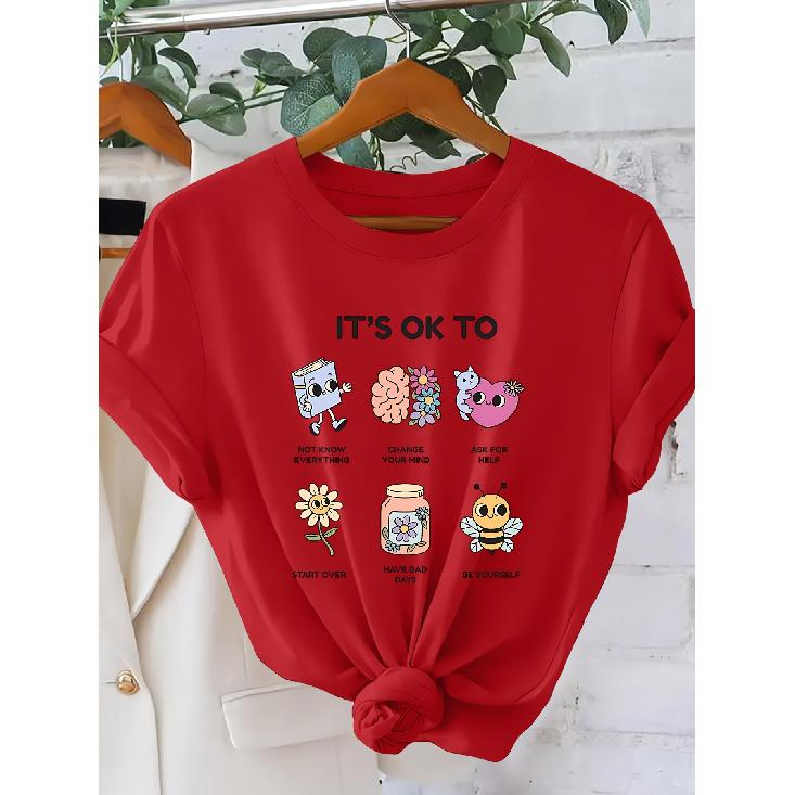 Self-Acceptance Statement for Women T Shirt | “It's OK To” Cartoon Illustration, Psychological Healing Style, Round Neck, Short Sleeves| Casual