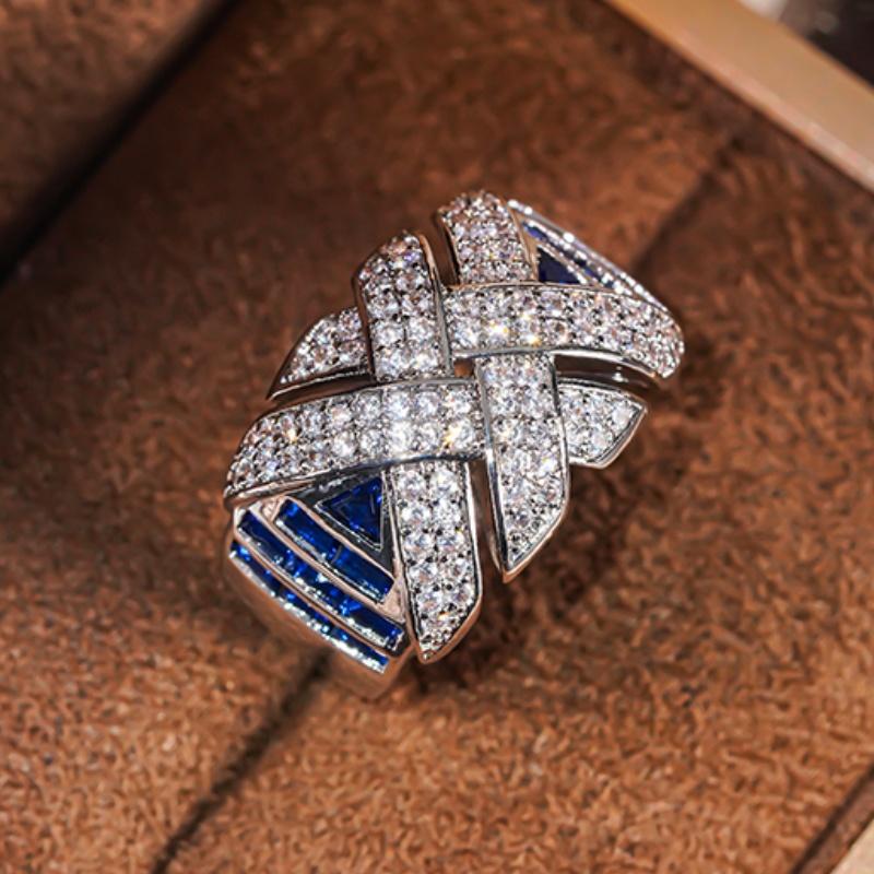 Huitan Novel Wide Cross Design Rings with White/Blue Cubic Zirconia Trendy Luxury Wedding Band  Women Charms Accessories