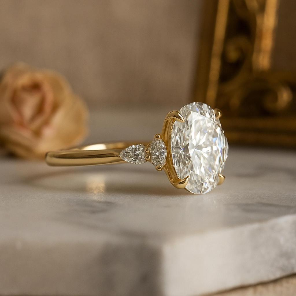 Oval Cubic Zirconia Engagement Ring with Marquise Side Stones – 925 Sterling Silver Yellow Gold Plated Solitaire Bridal Wedding Jewelry Gift for Her