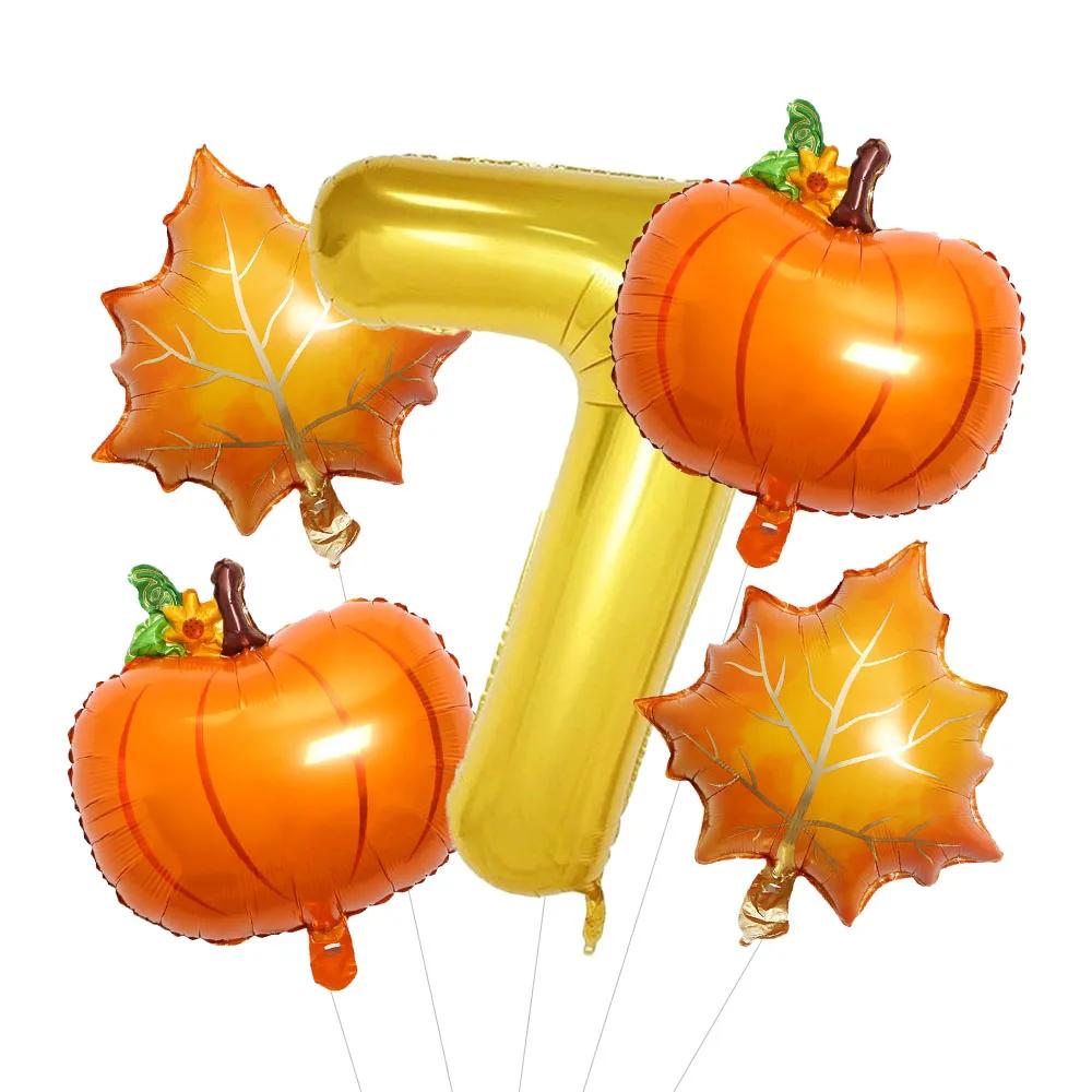 5pcs Autumn Pumpkin Maple Leaves Balloons Set 32inch Gold Number 0-9 Balloon Birthday Decorations Fall Festive Party Supplies