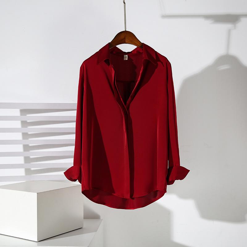 Solid Color Satin Blouse Female Fashion Office Lady Turn-down Collar Long Sleeve Shirts Spring New All-match Buttons Loose Tops