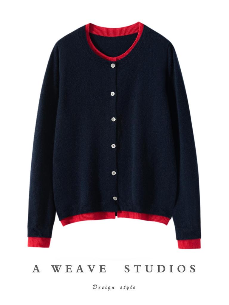 Women's Designer-Style Cashmere Cardigan: Round Neck, Color-Block, Faux Two-Piece Sweater