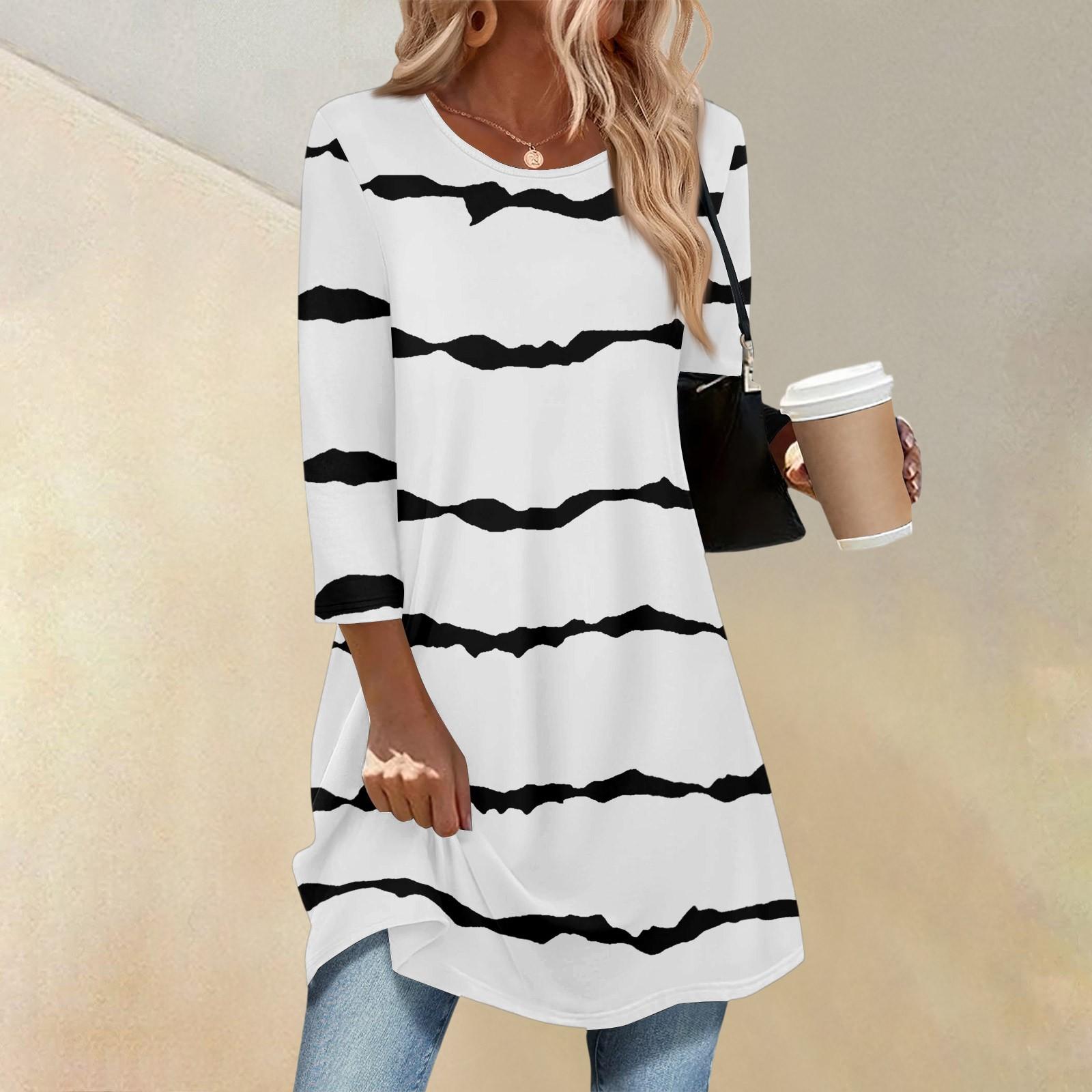 

Женская мода повседневный топ с рукавом три четверти, длинный, с геометрическим принтом в полоску, круглым вырезом XL белый