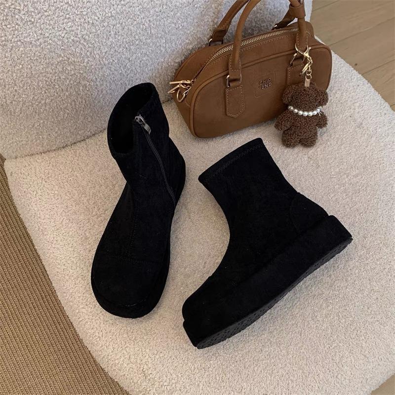 Winter Chunky Elastic Slim Woman Ankle Boots Fashion Platform Flats Shoes Female Cosy Soft Leather Mordern Short Booties