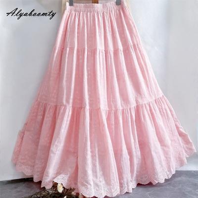 Japanischer Mori Girl Frühling Sommer Damen Rosa Rock Elastischer Bund Blumenstickerei Weicher Rock Eleganter Femininer Baumwolle Damenröcke