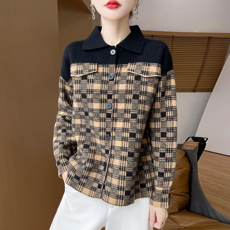100% pure wool comfortable casual checkered shirt collar cardigan jacket