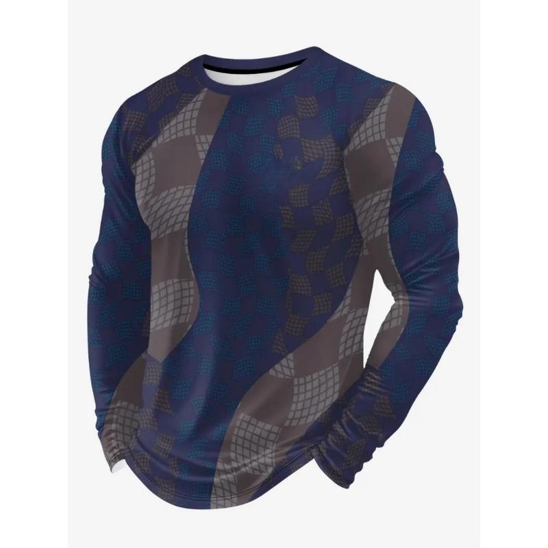 Vintage Men's Long Sleeve T-Shirt Streaks Print Top Spring Fall T-Shirt for Men 3D Striped Print Oversized Streetwear Clothing