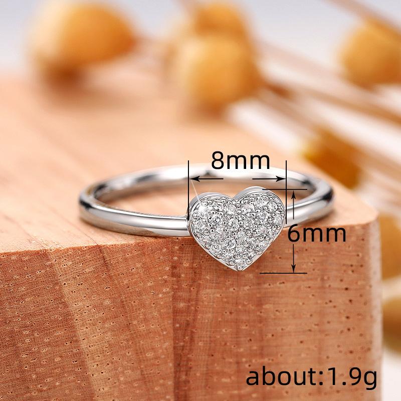 Heart-shaped full diamond simple ring, sweet and cute fashion versatile romantic ring, love ring women's jewelry
