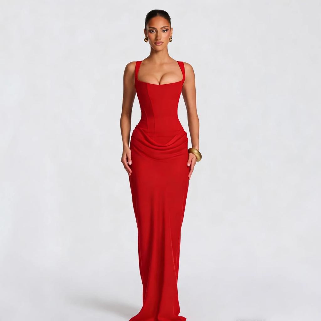 Women's Long Sleeve Slim Fit Corset Strappy Solid Bodycon Maxi Dress, Casual Pure Aesthetic Evening Dress for Europe America