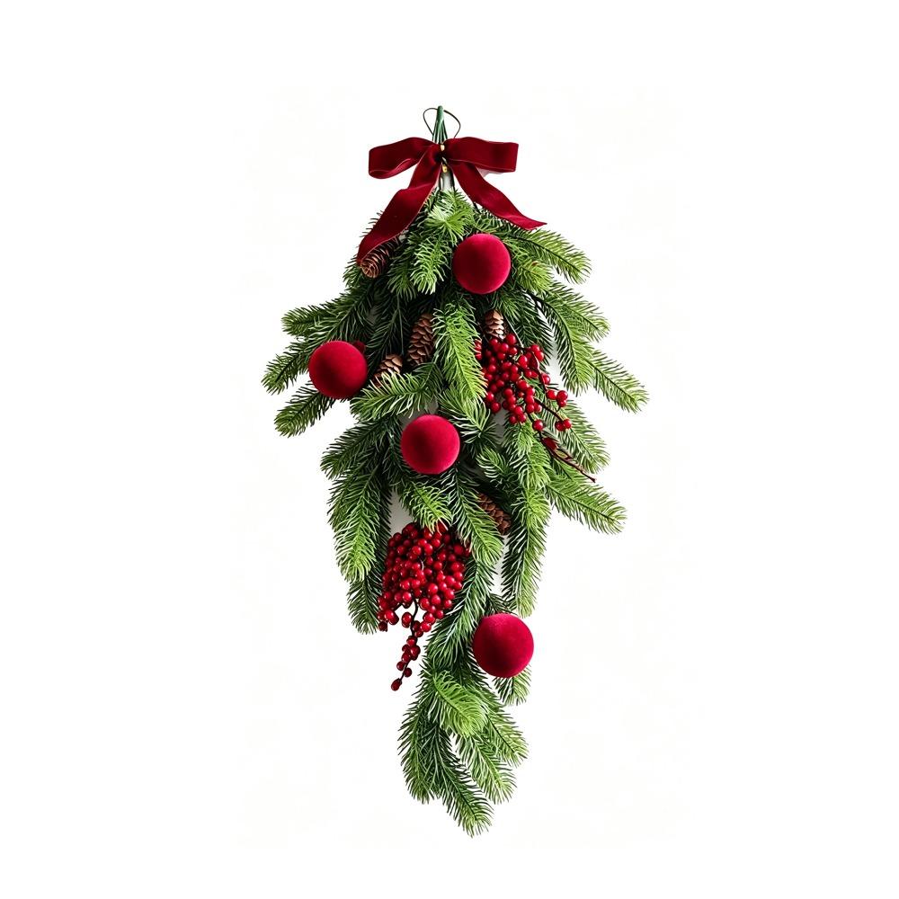 Künstlicher Weihnachts-Tannennadel-Girlande mit künstlichen Kiefernzapfen und Beeren Tränenform Hängende Ranke Tannennadelzweige Simuliert