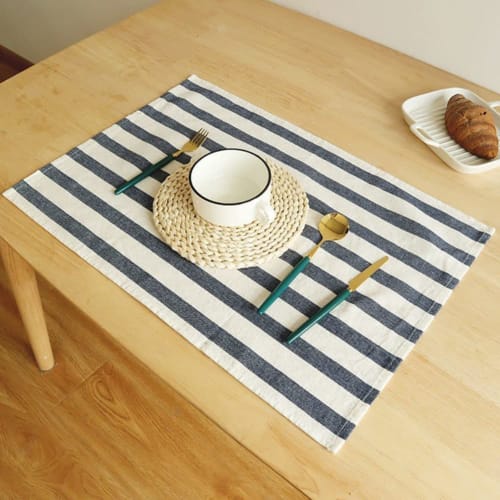 100% Cotton Placemats, Stylish, Scandinavian, Western-Style, Restaurant-Style, Non-Slip, Friction-Resistant, Gorgeous Blue Gingham Stripe Pattern, Mac
