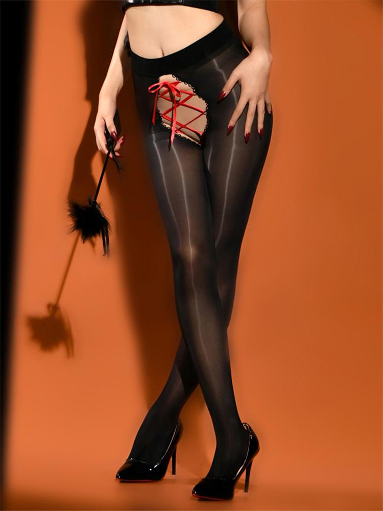 Sexy Women Lace UP Bandage High Waist Shaping Pantyhose Open Crotch Oil Glossy Shiny Sheer See Through 8D Tight Stockings