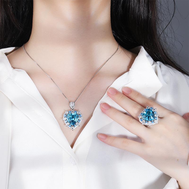 Jewelry Copper Bottom Gold Plated Ocean Heart Set Simulation Aquamarine Pendant Ring Set Main 15 * 15